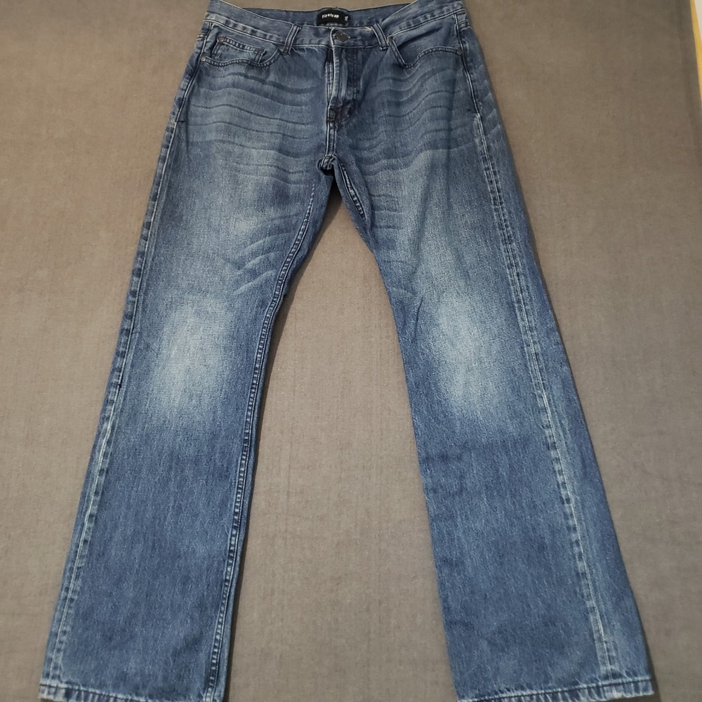 Firetrap Straight Leg Jeans Mens 34L Blue‎ Medium Wash Whiskered Denim